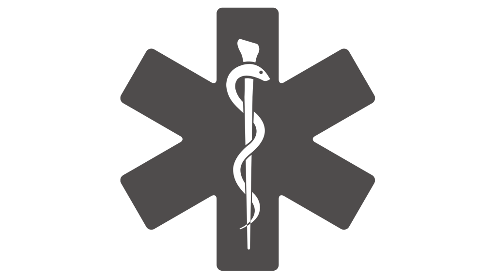 Image of medical symbol, the rod of Asclepius, with a snake twined around it.